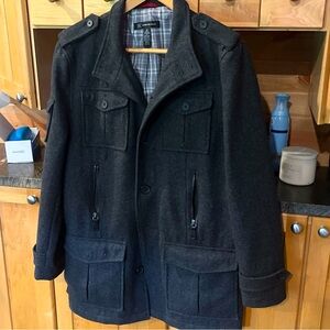 Black WOOL Button Up mens LONG Trench PEA Coat Pockets winter Lined Jacket INC.